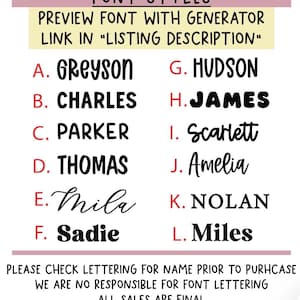 Op de afbeelding: Een lettertypegids met twaalf opties gelabeld van A tot L, elk met een uniek lettertype en een voorbeeldnaam. De tekst luidt FONT STYLES, PREVIEW FONT WITH GENERATOR LINK IN LISTING DESCRIPTION, en PLEASE CHECK LETTERING FOR NAME PRIOR TO PURHCASE WE ARE NO RESPONSIBLE FOR FONT LETTERING ALL SALES ARE FINAL.