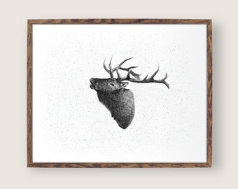 Elk Illustration Art Print, Rustic Home Wall Décor, Realistic Stipple Drawing, Gift for Nature Lover, 8x10 Inch