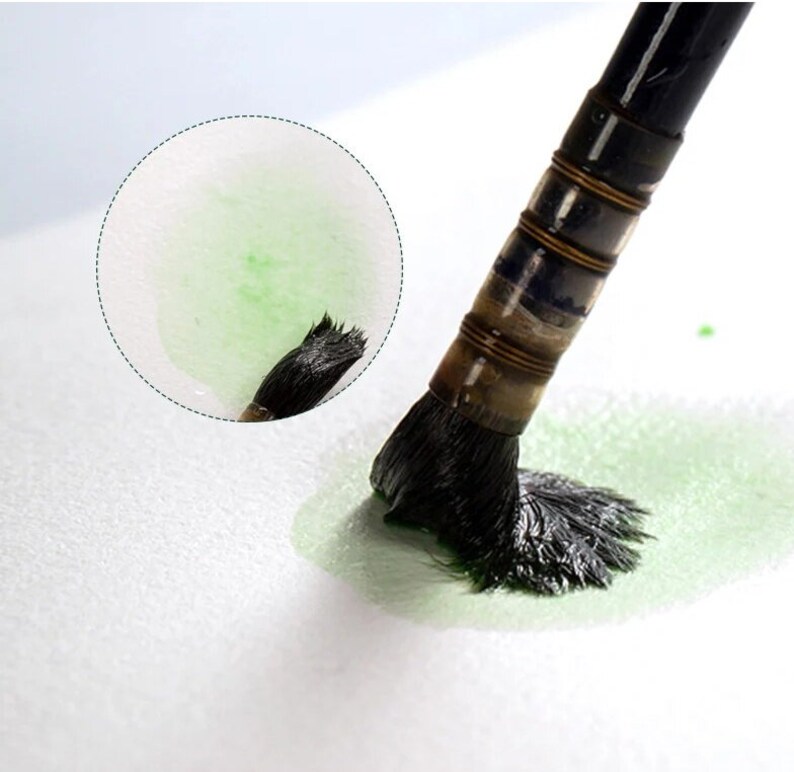 May include: A close-up of a black paintbrush with a green paint stroke on white paper. The brush is being used to create a green watercolor wash.