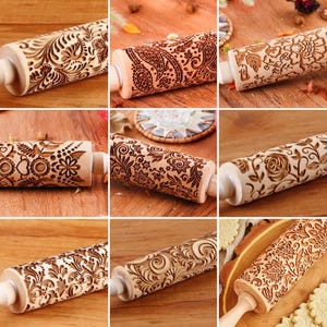 Deegroller met bloemmotief in reliëf - houten keramische stempel voor klei en keukenaccessoires Houten textuur deegroller, textuur kleiroller