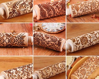 Floral Pattern Embossed Rolling Pin - Wooden Ceramic Stamp for Clay & Kitchen Accessories Wooden Texture Rolling Pin ,Clay Roller Texture