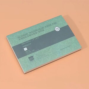 May include: A green and white watercolor paper pad with the text "ACADEMY WATERCOLOR PAPER PAD" and "中国宝虹全棉水彩本/学院级" in Chinese. The pad is 7 inches by 4.9 inches and has 20 sheets of 300 gsm paper. The paper is 100% cotton and acid free.