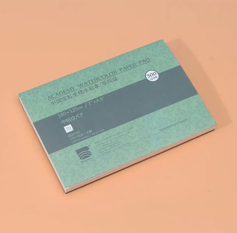 May include: A green and white watercolor paper pad with the text "ACADEMY WATERCOLOR PAPER PAD" and "中国宝虹全棉水彩本/学院级" in Chinese. The pad is 7 inches by 4.9 inches and has 20 sheets of 300 gsm paper. The paper is 100% cotton and acid free.