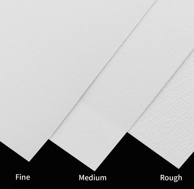 May include: Three white paper samples showing different textures: fine, medium, and rough.