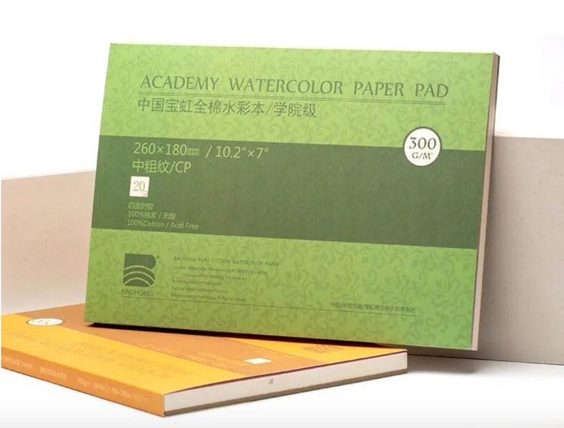May include: A green watercolor paper pad with the text "ACADEMY WATERCOLOR PAPER PAD" and "中国宝虹全棉水彩本/学院级" in Chinese. The pad is 10.2 inches by 7 inches and has a 300 gsm weight. It is made of 100% cotton and is acid free.