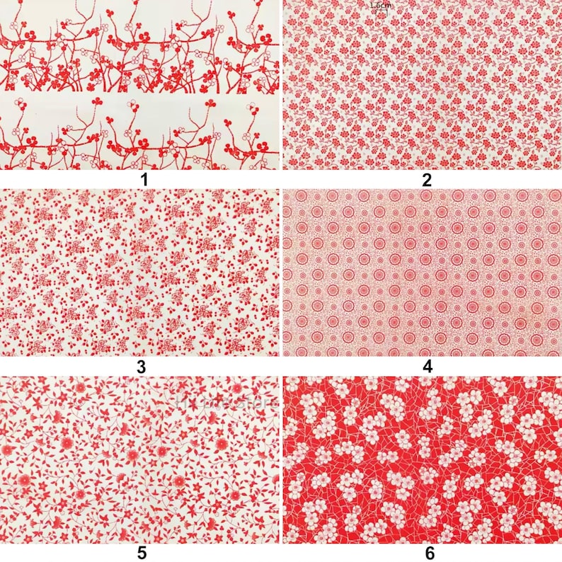 May include: A collection of six fabric swatches featuring various red and white floral patterns. Designs include branches with blossoms, small flowers, and intricate circular motifs. The fabrics are suitable for sewing, quilting, or crafting projects.