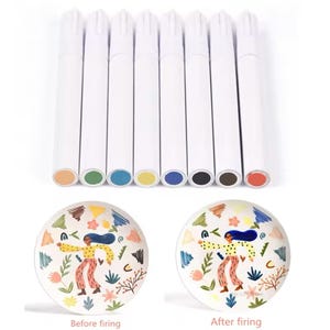 May include: Eight white ceramic paint pens with coloured tips are shown above two ceramic plates. The plates display a whimsical illustration of a person with blue hair and a yellow dotted top, with the text "Before firing" and "After firing".