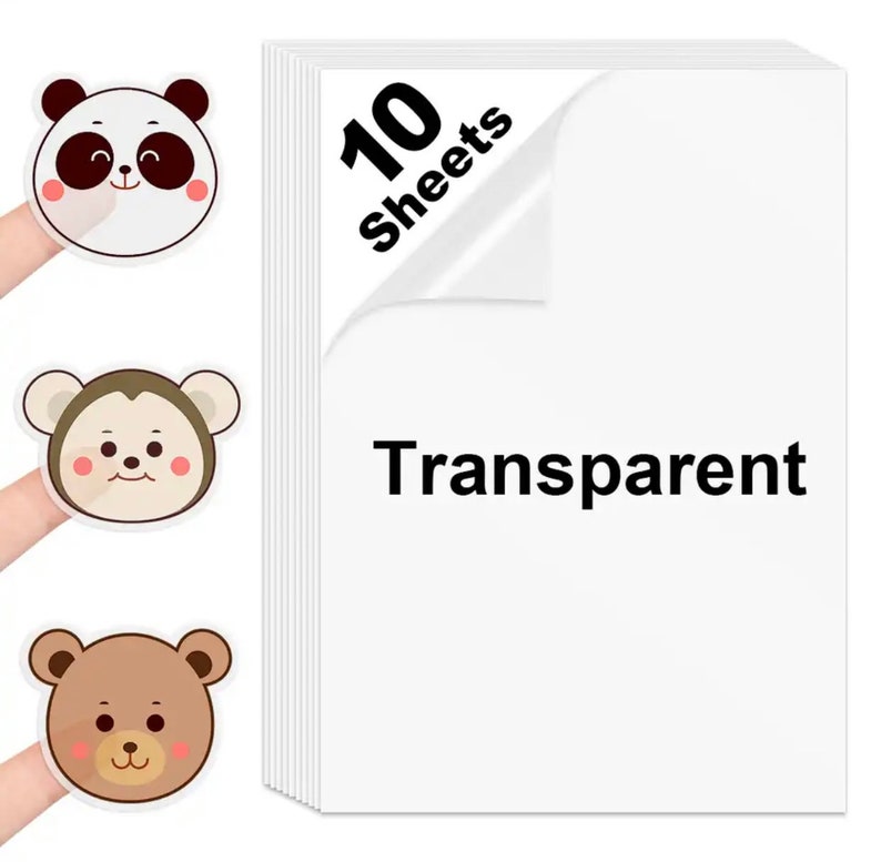 May include: A stack of ten transparent sheets with the text "Transparent" and "10 Sheets" in black. Three finger stickers with cartoon animal faces: a panda, a monkey, and a bear, each with a white outline and pink cheeks.