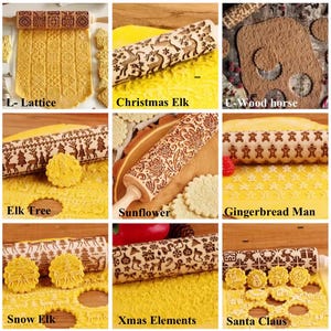 Christmas Embossed Wooden Rolling Pin 13.7" | Deep Engraving Santa & Elk Cookie Roller | Holiday Baking Tool
