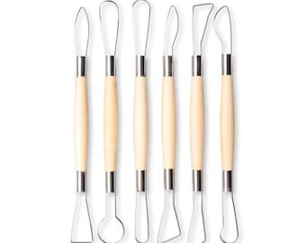Kit de ferramentas de escultura em argila com cabo de madeira 6PCS – Cortadores de argila de polímero DIY para projetos de cerâmica, cera e modelagem