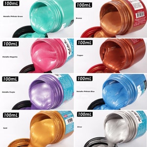 Metallic Acrylic Paint, 100ml/3.38oz Bottles, Rich Pigments, metallic paint with intense color depth, 8 Vibrant Colors.