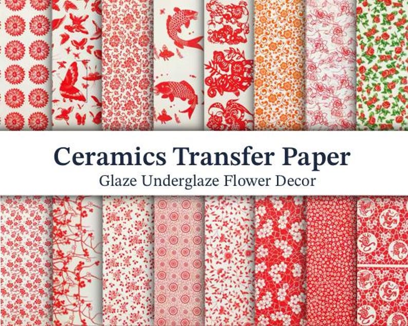 May include: A collection of ceramic transfer paper sheets with various red and white floral and patterned designs. The text "Ceramics Transfer Paper" and "Glaze Underglaze Flower Decor" are displayed below the sheets.