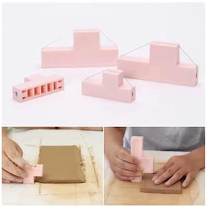 Puede incluir: Un conjunto de herramientas rosas para arcilla, que incluyen cortadores en forma de T y una herramienta con múltiples ranuras. Las herramientas se muestran en uso, cortando y dando forma a la arcilla. Herramientas para cerámica y artesanía.