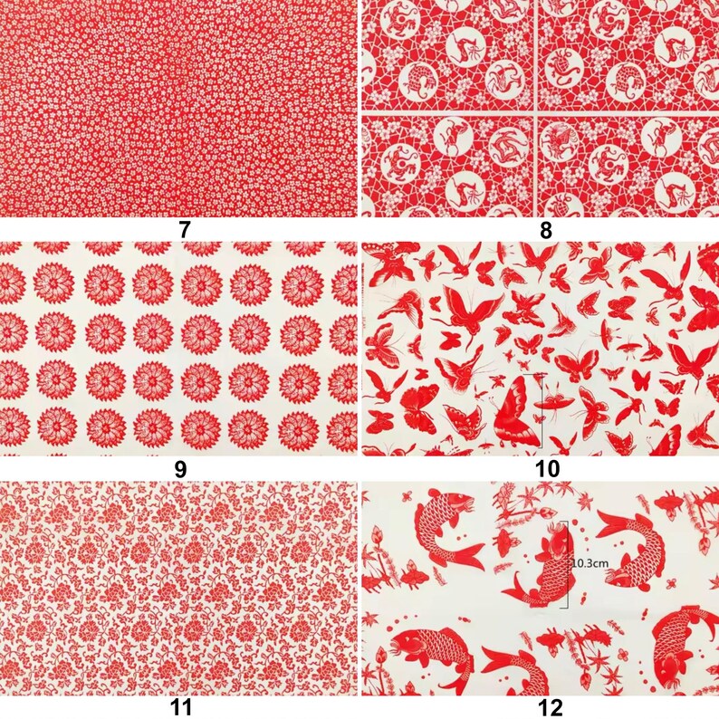 May include: A collection of red and white patterned fabric swatches. Designs include small floral patterns, stylized flowers, butterflies, and koi fish. The koi fish design includes a measurement of 10.3cm.