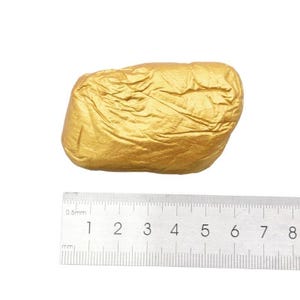 Op de afbeelding: Een goudkleurig, onregelmatig gevormd, rotsachtig voorwerp, dat ongeveer 5 cm lang is, wordt getoond naast een liniaal.