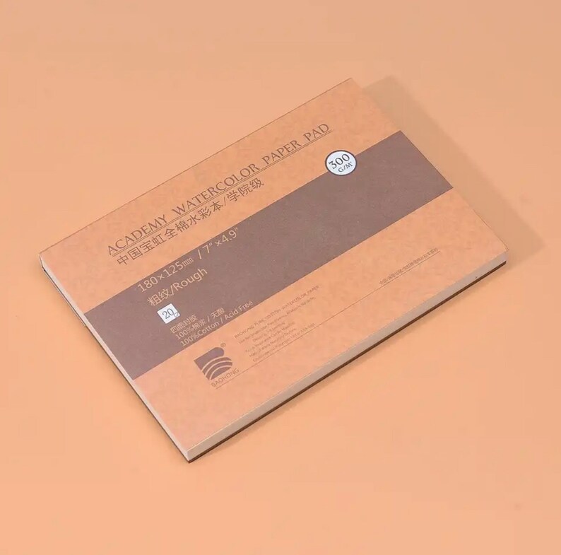 May include: A brown watercolor paper pad with the text "ACADEMY WATERCOLOR PAPER PAD" and "中国宝虹全棉水彩本/学院级" in Chinese. The pad is 180 x 125 mm or 7 x 4.9 inches and has a rough texture. It is made of 100% cotton and is acid free.