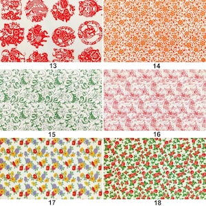 May include: A collection of patterned papers. The top left features red paper cutouts of zodiac animals. The other papers have floral and botanical patterns in orange, green, red, yellow, and purple on white backgrounds.