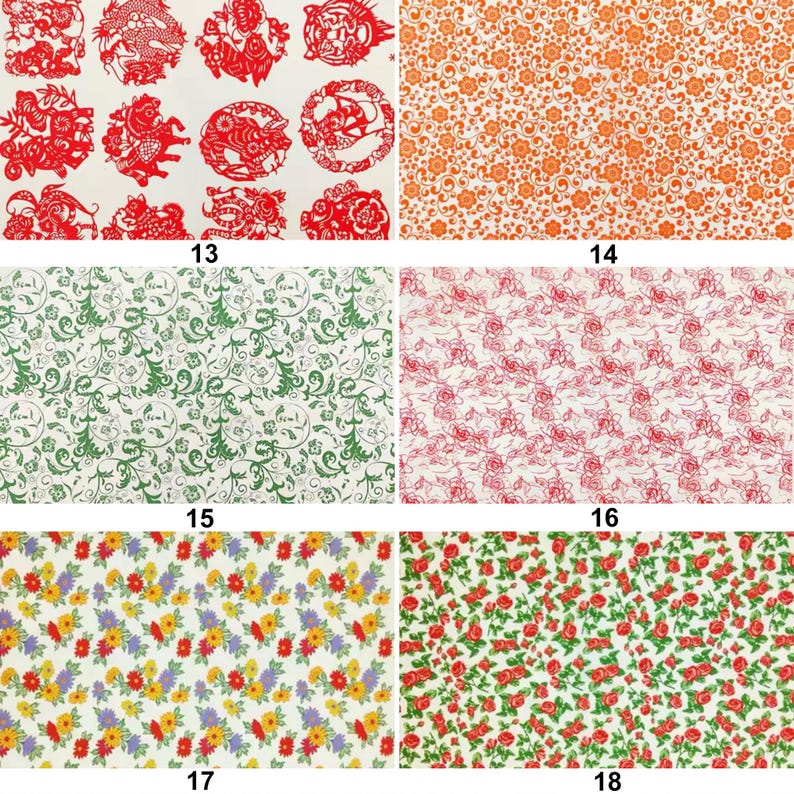 May include: A collection of patterned papers. The top left features red paper cutouts of zodiac animals. The other papers have floral and botanical patterns in orange, green, red, yellow, and purple on white backgrounds.