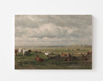 Farmhouse Art Print, Canvas Cow Print, Country Landscape Painting, / LH07