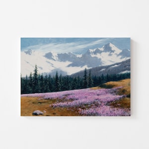 Apline Meadow Art Print, Crocus Flower Oil Painting, Canvas Landscape Print, Mountain Landscape Painting, / LH41