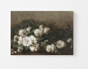 Vintage Floral Art Print, Canvas Floral Art, Ivory Roses Flower Painting/  FH01