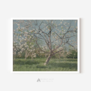 White framed fine art print depicting a tree with pink and white blossoms in the spring time.