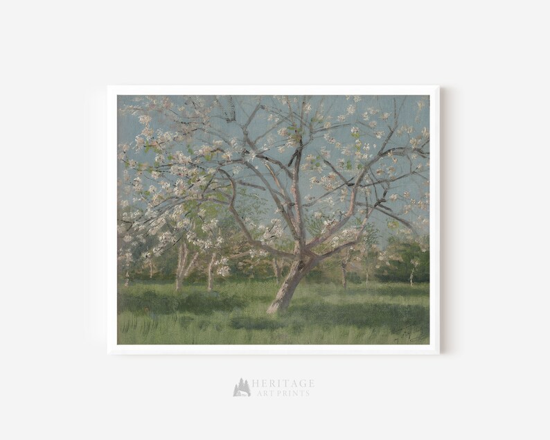White framed fine art print depicting a tree with pink and white blossoms in the spring time.
