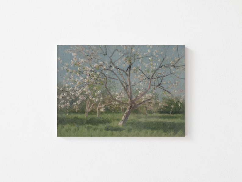 Fine art print depicting a tree with pink and white blossoms in the spring time.