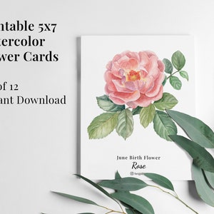 Set of 12 Printable Watercolor Floral Cards Instant Digital Download, Monthly Birth Flower, Botanical Paintings, flower note cards, artworks image 3