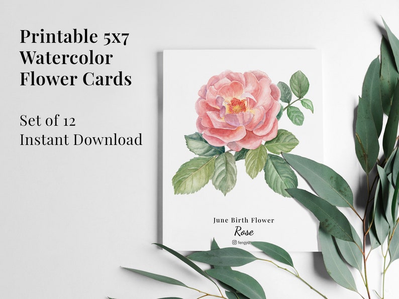 Set of 12 Printable Watercolor Floral Cards Instant Digital Download, Monthly Birth Flower, Botanical Paintings, flower note cards, artworks image 3