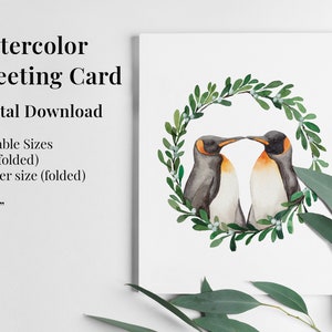 Linda tarjeta de Navidad, pingüinos besándose en corona de muérdago, tarjeta de felicitación, descarga digital, imprimible, múltiples tamaños, acuarela, vacaciones