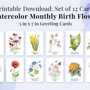 Ensemble de 12 cartes florales imprimables à l'aquarelle Téléchargement numérique instantané, fleur de naissance mensuelle, peintures botaniques, cartes de notes de fleurs, œuvres d'art