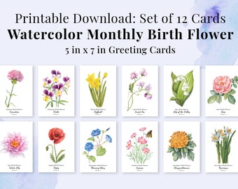Set of 12 Printable Watercolor Floral Cards Instant Digital Download, Monthly Birth Flower, Botanical Paintings, flower note cards, artworks
