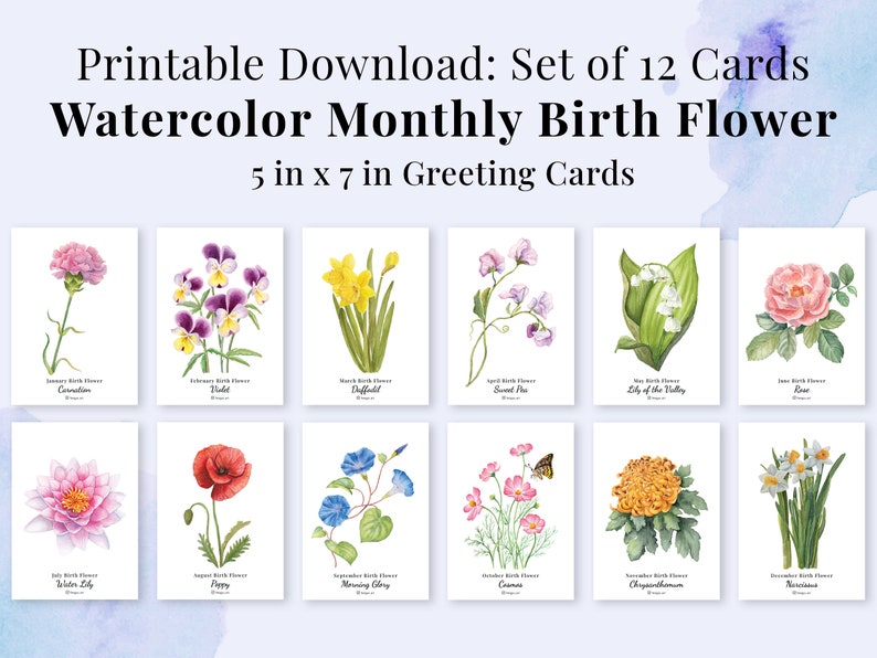 Set of 12 Printable Watercolor Floral Cards Instant Digital Download, Monthly Birth Flower, Botanical Paintings, flower note cards, artworks image 1