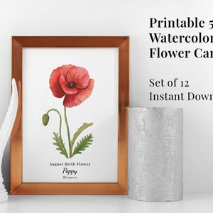 Set of 12 Printable Watercolor Floral Cards Instant Digital Download, Monthly Birth Flower, Botanical Paintings, flower note cards, artworks image 4