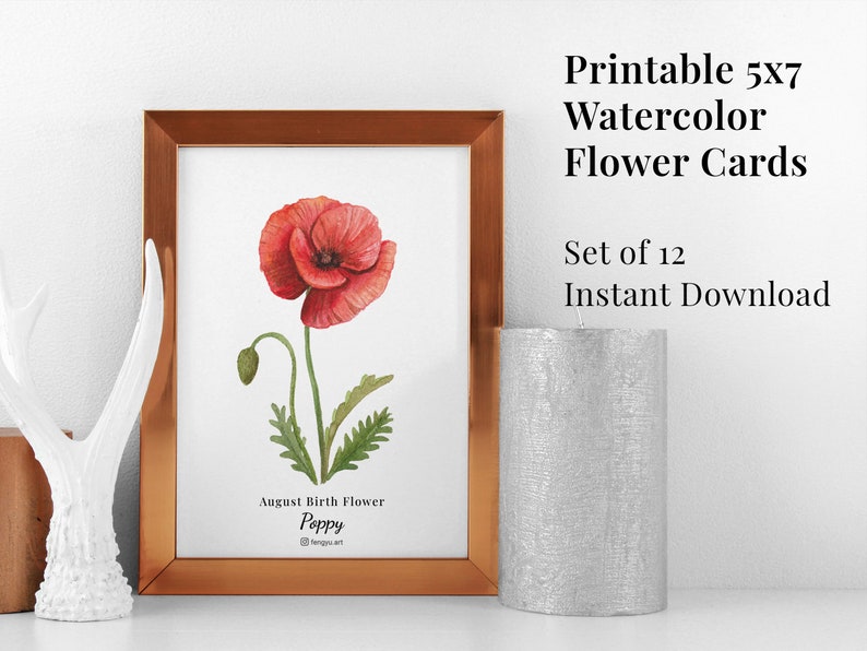 Set of 12 Printable Watercolor Floral Cards Instant Digital Download, Monthly Birth Flower, Botanical Paintings, flower note cards, artworks image 4