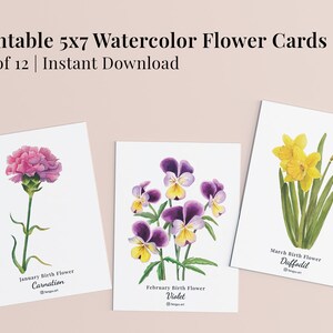 Set of 12 Printable Watercolor Floral Cards Instant Digital Download, Monthly Birth Flower, Botanical Paintings, flower note cards, artworks image 2