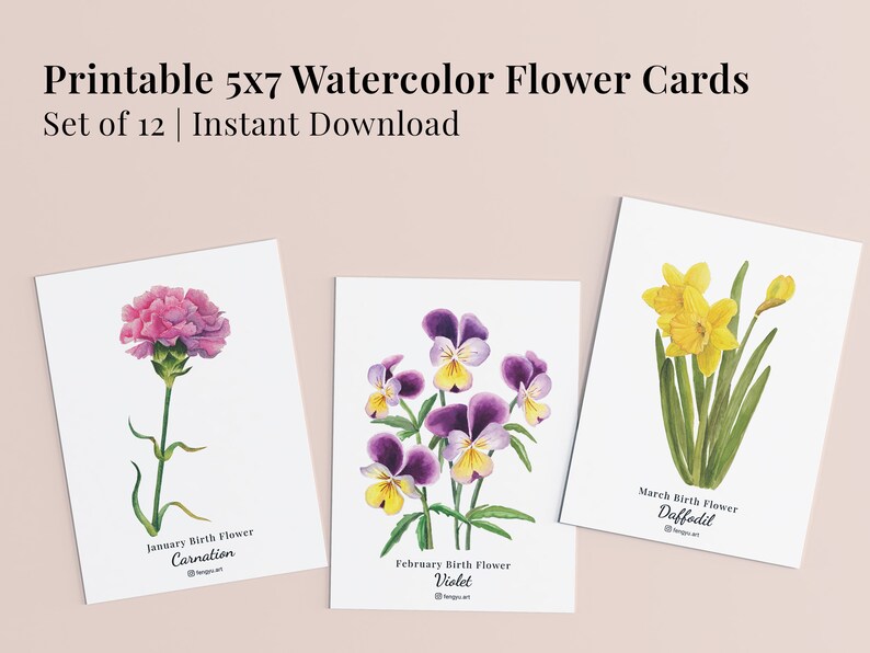 Set of 12 Printable Watercolor Floral Cards Instant Digital Download, Monthly Birth Flower, Botanical Paintings, flower note cards, artworks image 2