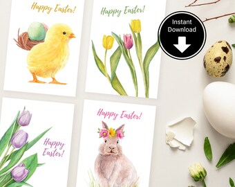 Printable Easter Card Set, Cute Watercolor Easter Card, Set of 4, Instant Download, Easter Bunny, Baby Chick, Colorful Tulip, Multiple Sizes