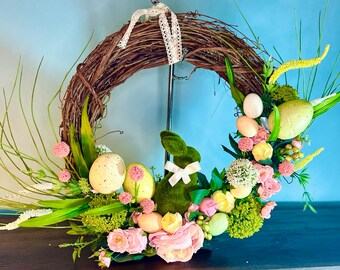 Easter Bunny Wreath with Pink Roses; Easter egg wreath; Spring decorations with moss bunny; Easter door decor