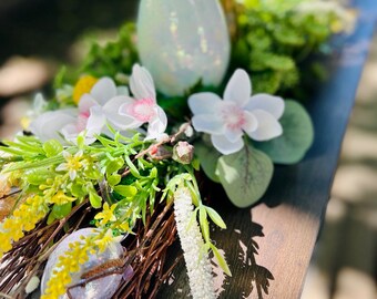 Easter Centerpiece; Table spring arrangement with Artificial Flowers Arrangement on birch branches with Bunny and Egg; Spring centerpiece