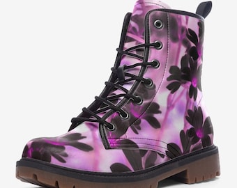Urban Combat Boots | Vegan Leather Boots | Festival Club Boots | Wedding Boots | Purple Lace Up Boots | Streetwear Boots | Floral Pink Boots