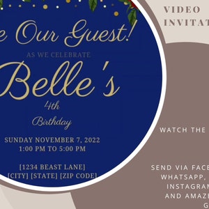 Be Our Guest Beauty and the Beast Video Invitation, Belle Invitation, Birthday Invitations, Princess Belle, Beauty and the Beast