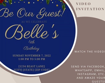 Be Our Guest Beauty and the Beast Video Invitation, Belle Invitation, Birthday Invitations, Princess Belle, Beauty and the Beast