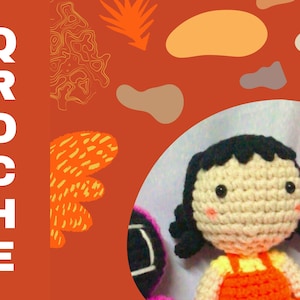 May include: Crocheted doll with black hair, wearing an orange and yellow dress. The doll is sitting on a white surface with a background of abstract shapes in orange, yellow, and brown.