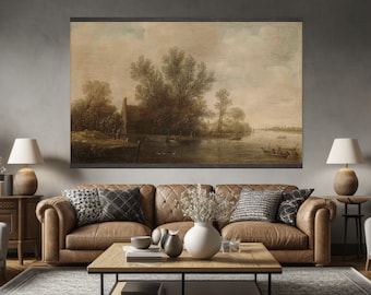 Moody Dutch River Landscape Oil Painting - Tapestry Wall Hanging - Vintage Landscape Print, Canvas Wall Art, Canvas Giclée Art Print