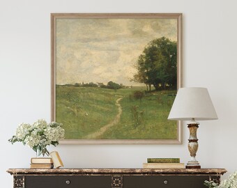 Vintage Landscape Oil Painting - Path to a Village, Flat Canvas Giclée Print, Peel and Stick, Spring and Summer Wall Art