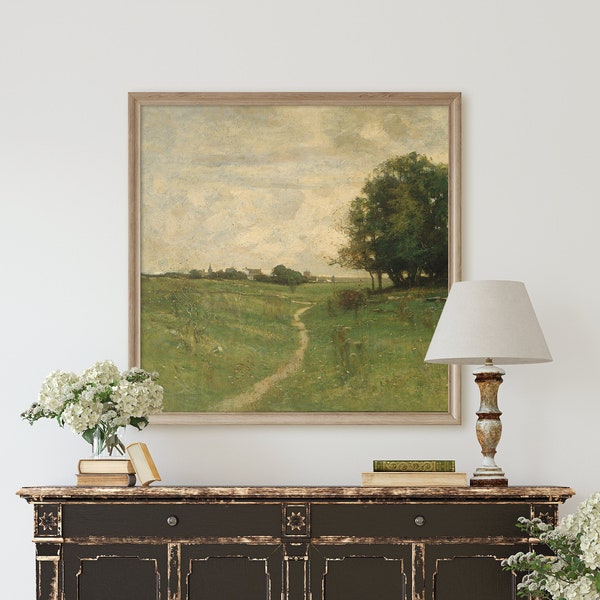 Vintage Landscape Oil Painting - Path to a Village, Flat Canvas Giclée Print, Peel and Stick, Spring and Summer Wall Art