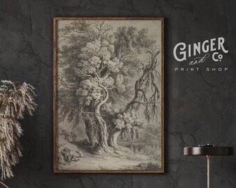 TREE SKETCH Hikers Under a Tree -- Digital Download Vintage Fine Art Drawing -- Print Your Own Canvas Wall Art, Moody Wall Art