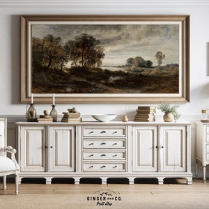 Moody Summer River Landscape Painting - PRINTABLE DIGITAL DOWNLOAD - Panoramic Wall Art, Vintage Art Print